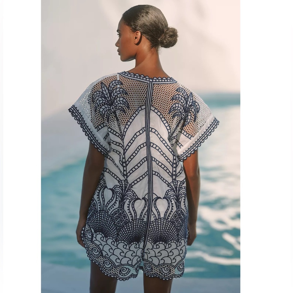 FARM Rio Blue Richelieu Plunging Neck Romper Size XS NWT Embroidered Lace - Picture 2 of 15